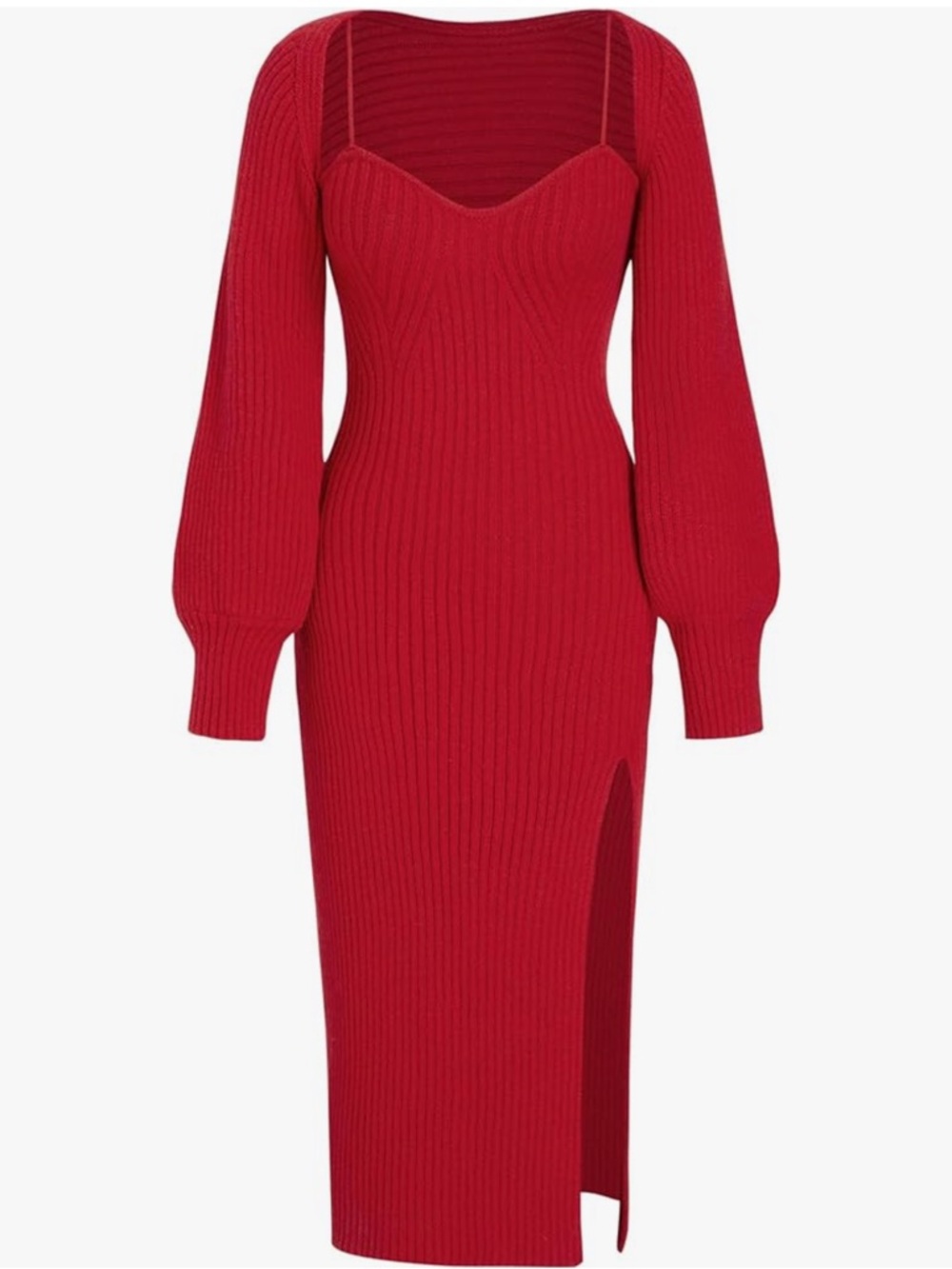 Cider Red Ribbed Midi Dress with Sweetheart Neckline and Side Slit
